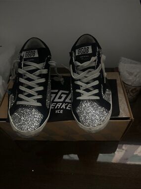 Golden Goose Silver Glitter Low-Top Sneakers with Black Accents